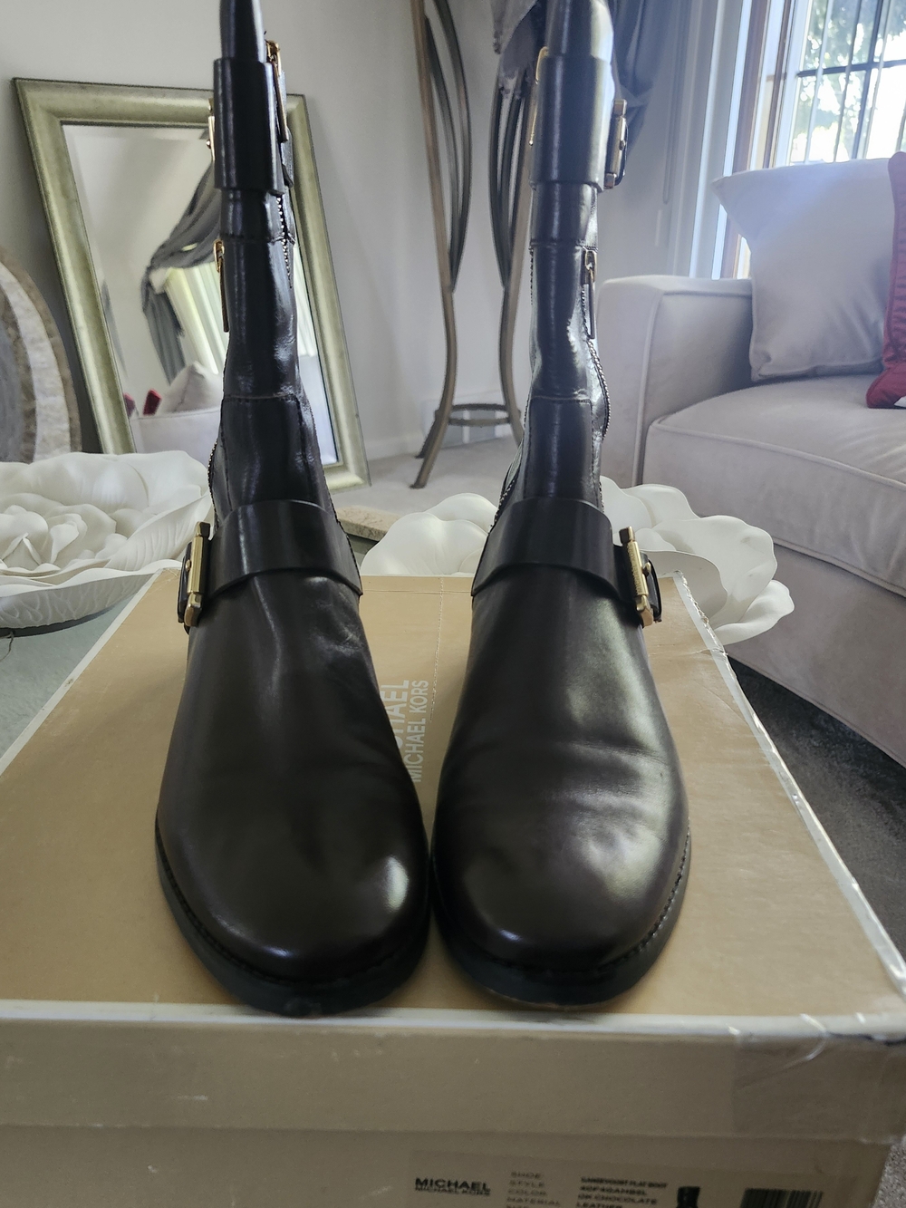 Michael Kors Black Leather Ankle Booties with Gold Buckle